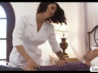 Gab have xxx clip with hottie Tgirl nurse Domino on his bed
