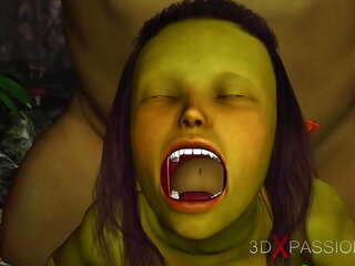 Green monster Ogre fucks hard a passionate female goblin Arwen in the enchanted forest