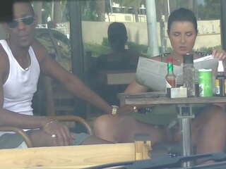 Cheating Wife &num;4 part III - Hubby vids me outside a cafe Upskirt Flashing and having an Interracial affair with a Black Man&excl;&excl;&excl;