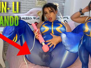 Enticing cosplay lassie dressed as Chun Li from street fighter playing with her htachi vibrator cumming and soaking her panties and pants ahegao