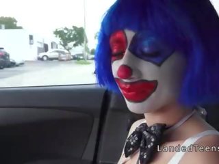 Clown teen sucking huge phallus in the car