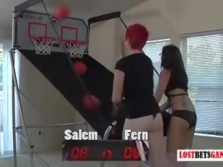 Two pleasant girls Salem and Fern play strip basketball shootout